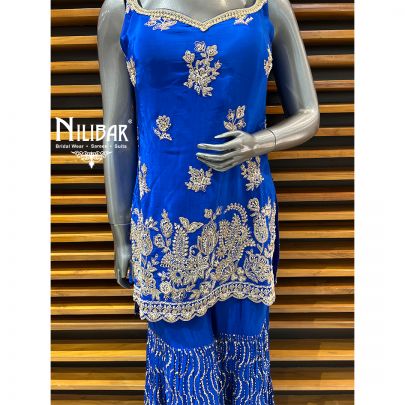 Ink Blue Crepe Garara Suit Paired With Chinon Dupatta