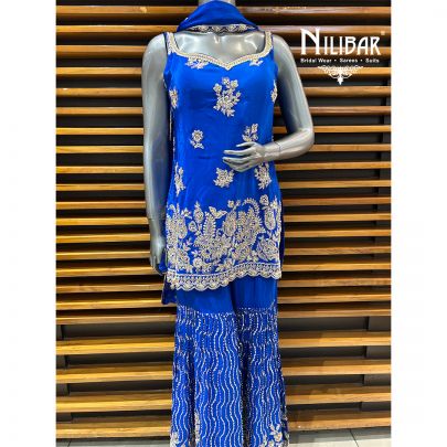Ink Blue Crepe Garara Suit Paired With Chinon Dupatta