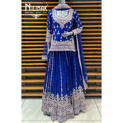 Navy Blue Chinon Lehenga Set Paired With Net Dupatta