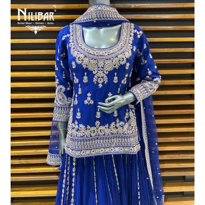 Navy Blue Chinon Lehenga Set Paired With Net Dupatta