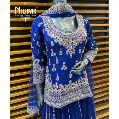 Navy Blue Chinon Lehenga Set Paired With Net Dupatta