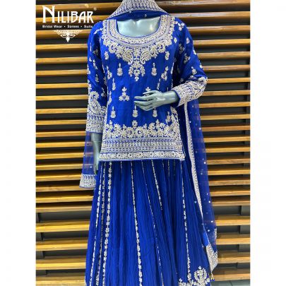 Navy Blue Chinon Lehenga Set Paired With Net Dupatta