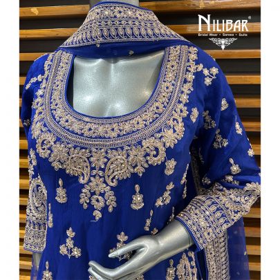 Navy Blue Chinon Lehenga Set Paired With Net Dupatta