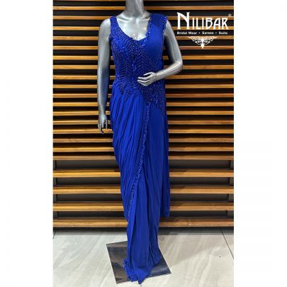 Navy Blue Georgette Straight Gown With Drape