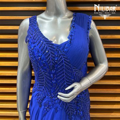 Navy Blue Georgette Straight Gown With Drape