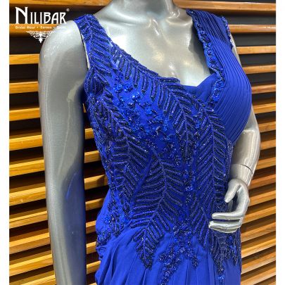 Navy Blue Georgette Straight Gown With Drape