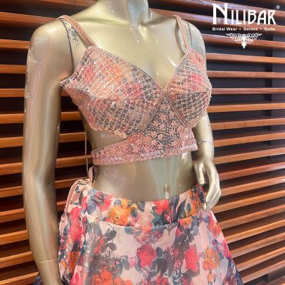 Peach Organza Printed Lehenga