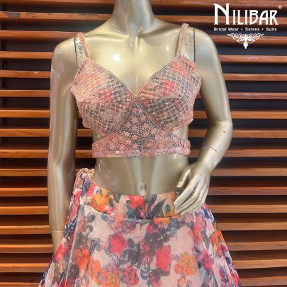 Peach Organza Printed Lehenga