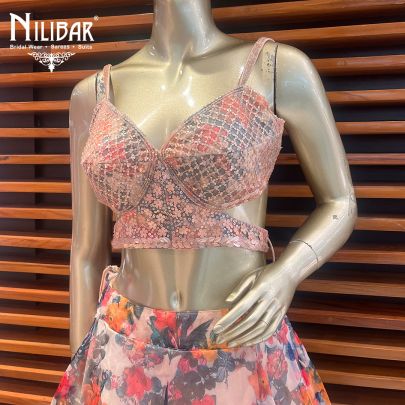 Peach Organza Printed Lehenga
