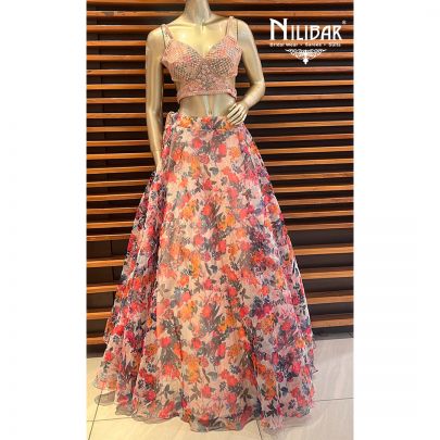 Peach Organza Printed Lehenga