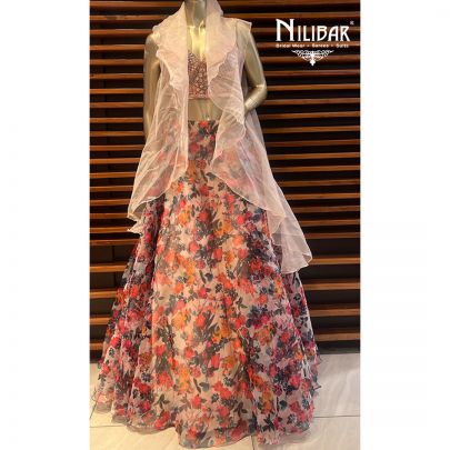 Peach Organza Printed Lehenga