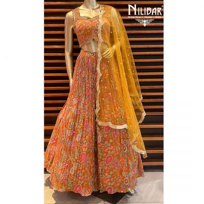 Mustard Georgette Printed Lehenga