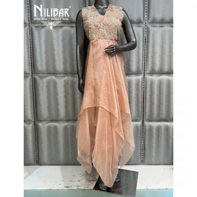 Peach Organza Long Ruffle Dress