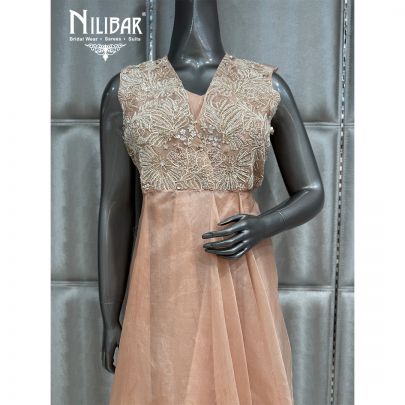 Peach Organza Long Ruffle Dress