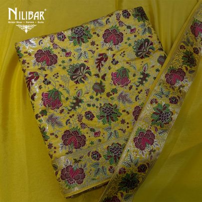 Yellow Brocade Shirt Paired With Crepe Bottom