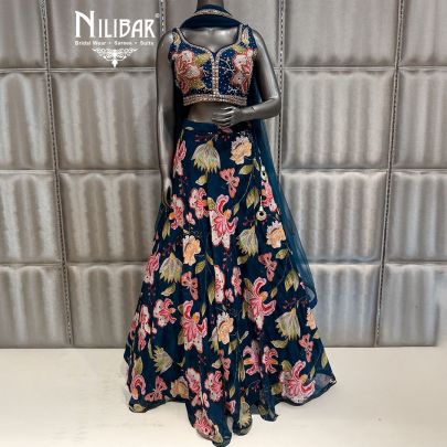 Navy Blue Silk Beautifully Embellished Print Lehenga