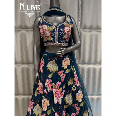 Navy Blue Silk Beautifully Embellished Print Lehenga