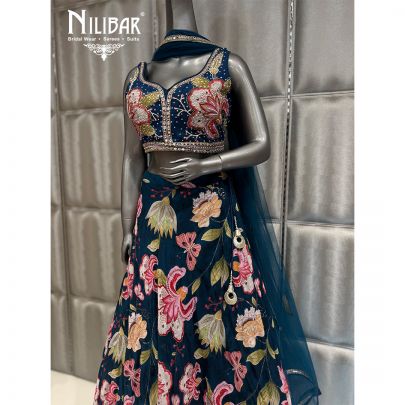 Navy Blue Silk Beautifully Embellished Print Lehenga