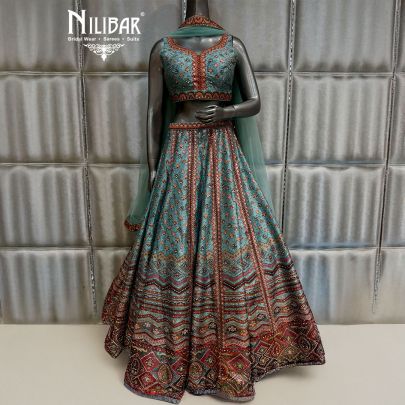 Sea Green Silk Beautifully Embellished Print Lehenga