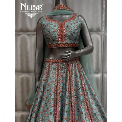 Sea Green Silk Beautifully Embellished Print Lehenga