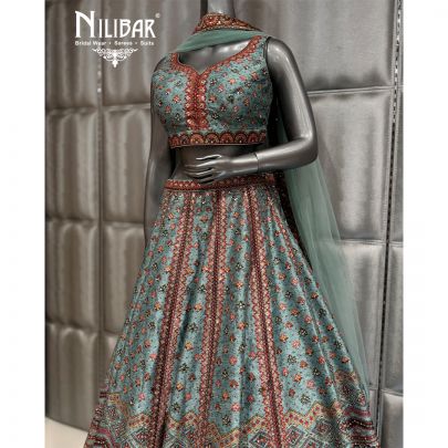 Sea Green Silk Beautifully Embellished Print Lehenga