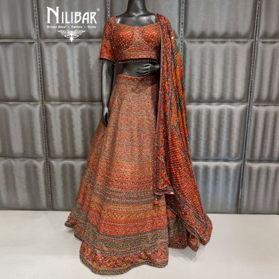 Rust Silk Beautifully Embellished Print Lehenga