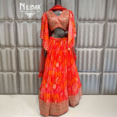 Orange Georgette Beautifully Embellished Print Lehenga