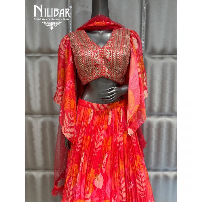 Orange Georgette Beautifully Embellished Print Lehenga