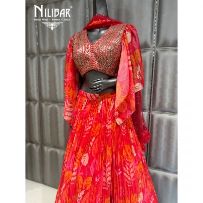 Orange Georgette Beautifully Embellished Print Lehenga