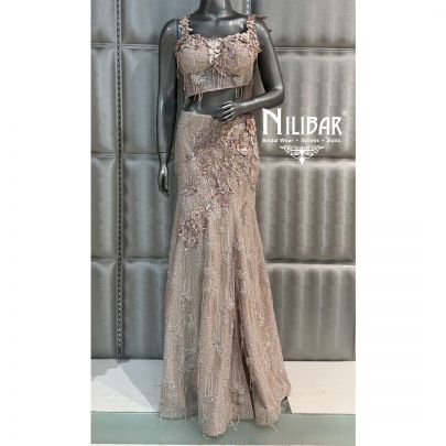 Peach Soft Net Crop Top Paired With Fish Cut Lehenga