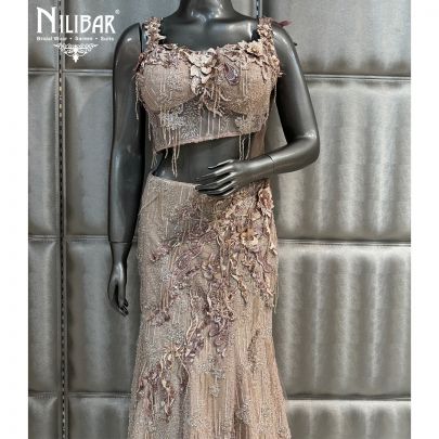 Peach Soft Net Crop Top Paired With Fish Cut Lehenga
