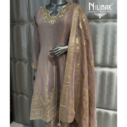 Onion Pink Lame Silk Short Anarkali Paired With Pants
