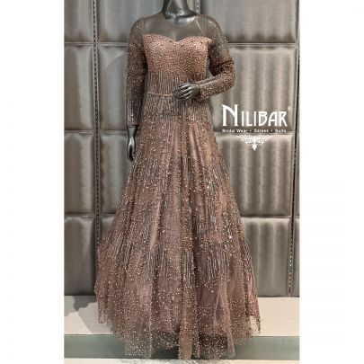 Peach Soft Net Flowy Full Length Embroidered Gown