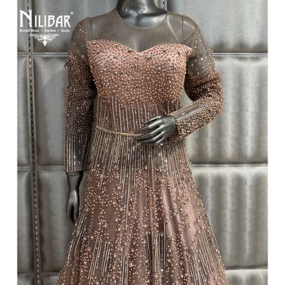 Peach Soft Net Flowy Full Length Embroidered Gown