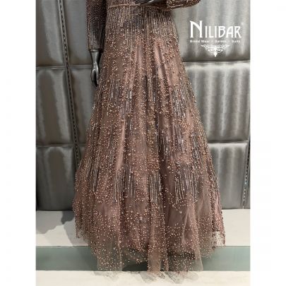 Peach Soft Net Flowy Full Length Embroidered Gown
