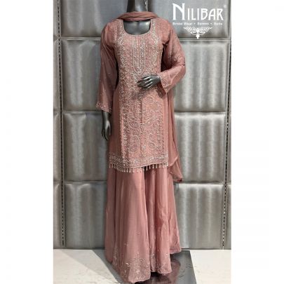 Blush Pink Chinnon Embroidered Shirt Paired With Palazzo and Dupatta