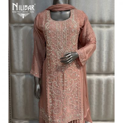 Blush Pink Chinnon Embroidered Shirt Paired With Palazzo and Dupatta