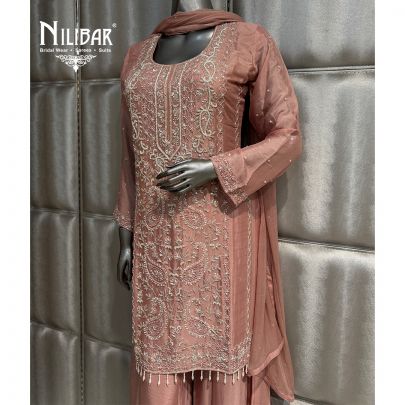 Blush Pink Chinnon Embroidered Shirt Paired With Palazzo and Dupatta
