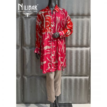 Neon Pink and Beige Muslin Baggy Shirt Paired With Straight Pants