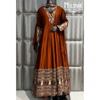 Copper Brown Silk and Chinnon Long Anarkali With Dupatta