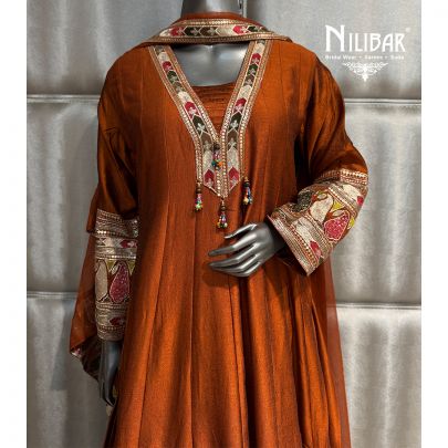 Copper Brown Silk and Chinnon Long Anarkali With Dupatta