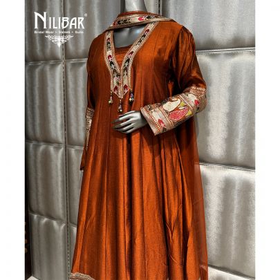Copper Brown Silk and Chinnon Long Anarkali With Dupatta