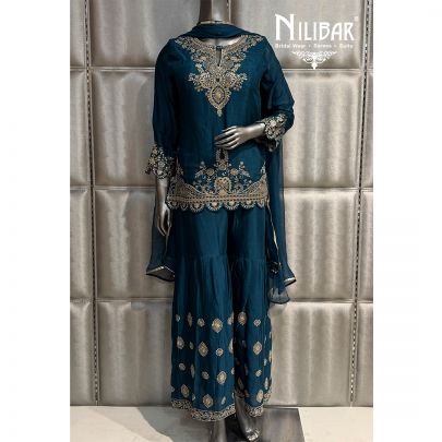Teal Blue Chinnon Short Top Paired With Garara and Dupatta