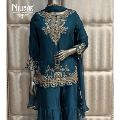 Teal Blue Chinnon Short Top Paired With Garara and Dupatta