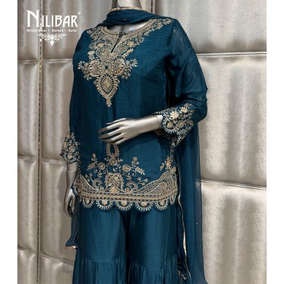 Teal Blue Chinnon Short Top Paired With Garara and Dupatta