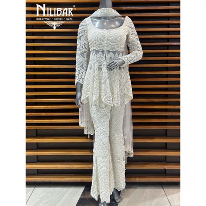 White Net Bell Bottom Suit Set