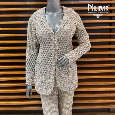 Beige Net Heavy Embroidered Top Paired With Pants