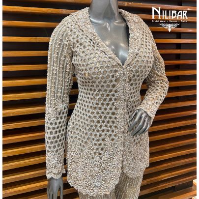 Beige Net Heavy Embroidered Top Paired With Pants