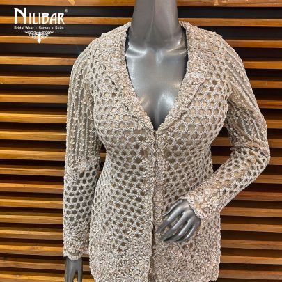 Beige Net Heavy Embroidered Top Paired With Pants