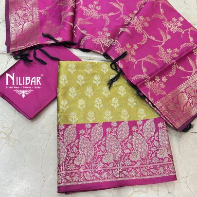 Mehandi Green & Dark Pink Banarasi Silk Unstitched Suit